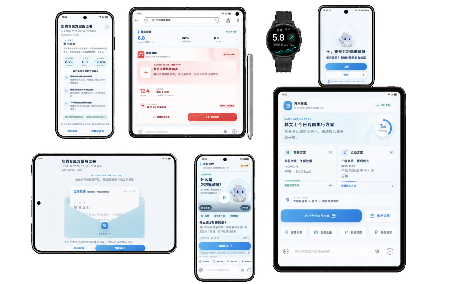 卫培稳糖管家在手机、折叠屏、平板与智能手表上的多端稳糖管理界面